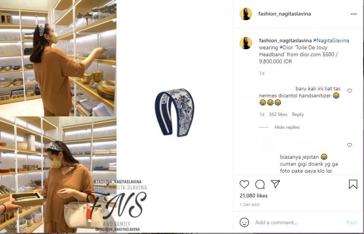 Tas Hermes Nagita Slavina dipakai buat cantolan hand sanitizer. (Instagram/fashion_nagitaslavina)