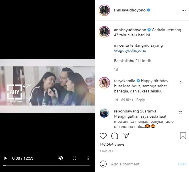 Annisa Pohan rayakan ultah  AHY. (Instagram/annisayudhoyono)