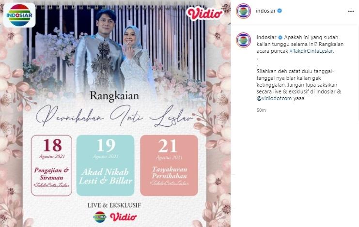 Tanggal pernikahan Lesti Kejora dan Rizky Billar. (Instagram/@indosiar)