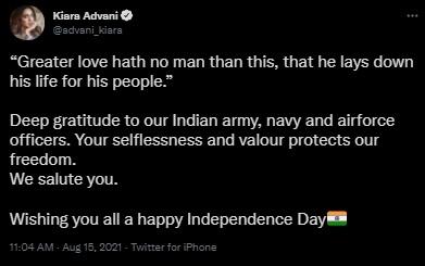 Artis Bollywood Rayakan Hari Kemerdekaan India (Twitter/@advani_kiara)