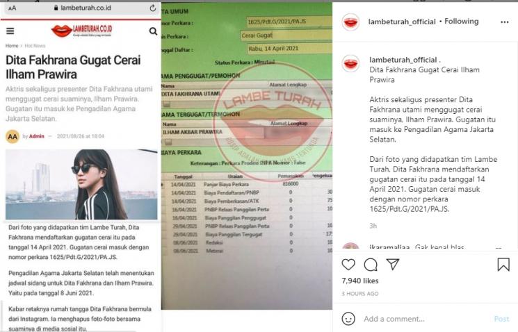 Dita Fakhrana dikabarkan gugat cerai suami. (Instagram/lambeturah_official)