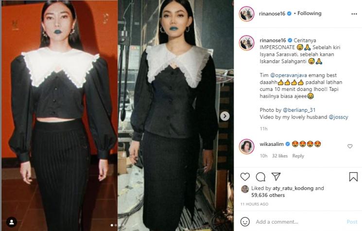 Rina Nose impersonate Isyana Sarasvati. (Instagram/rinanose16)