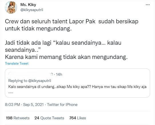 Kiky Saputri ungkap acara Lapor Pak tak akan mengundang Saipul Jamil. (Twitter/kikysaputrii)