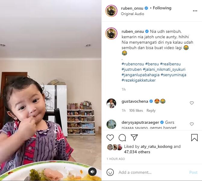 Thania Putri Onsu jatuh hingga bibirnya terluka. (Instagram/ruben_onsu)