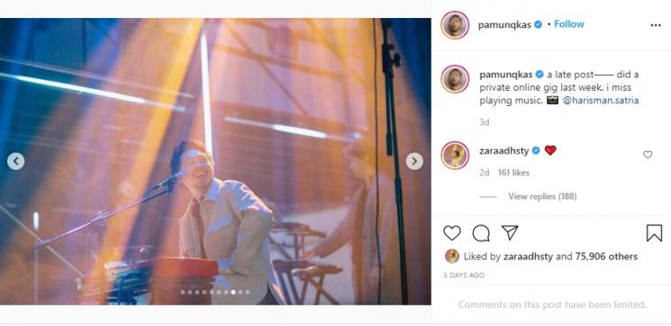 Adhisty Zara memberikan emotikon love di unggahan Pamungkas. (Instagram/pamunqkas)