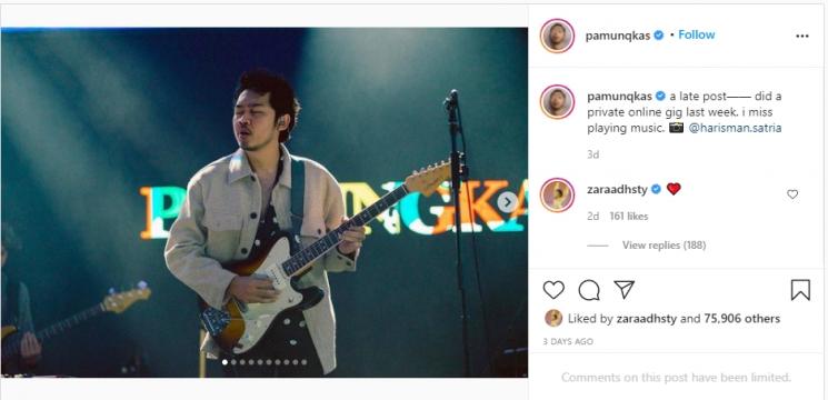 Adhisty Zara memberikan emotikon love di unggahan Pamungkas. (Instagram/pamunqkas)