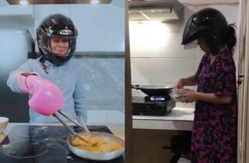 5 Gaya Seleb Masak Pakai Helm Ini Bikin Ngakak: Ada yang Masuk Kolong Dapur