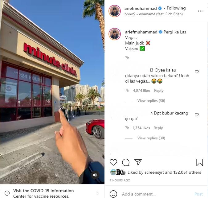 Arief Muhammad pamer suntik vaksin di Las Vegas. (Instagram/ariefmuhammad)