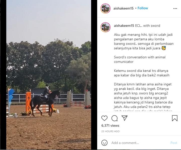 Putri Irfan Hakim, Aisha Hakim mengikuti kompetisi berkuda. (Instagram/aishakeem15)
