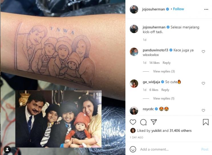Joshua Suherman dan Clairine Clay kompak membuat tato keluarga. (Instagram/jojosuherman)