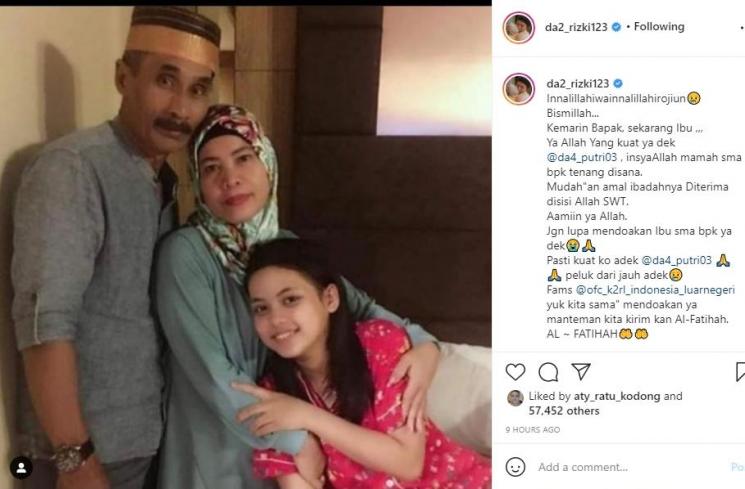 Rizki DA berduka atas meninggalnya ibunda Putri DA. (Instagram/da2_rizki123)