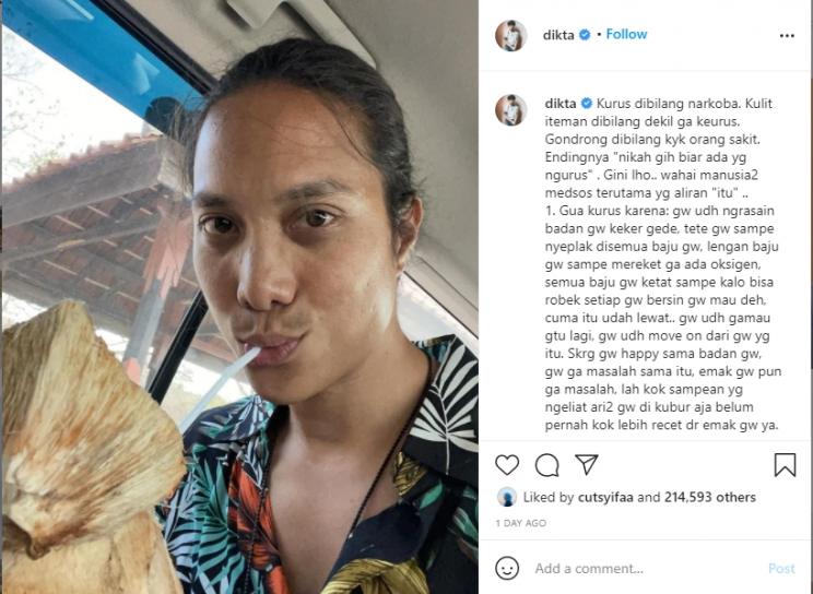 Dikta kesal dituduh pakai narkoba gara-gara tubuh kurus. (Instagram/dikta)
