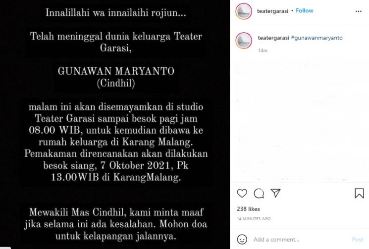 Gunawan Maryanto meninggal dunia. (Instagram/teatergarasi)