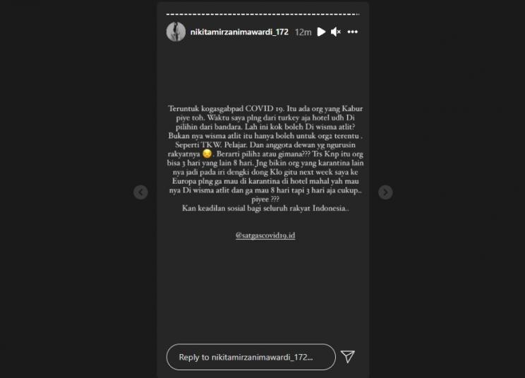 Nikita Mirzani sentil artis yang kabur saat karantina di Wisma Atlet. (Instagram/nikitamirzanimawardi_172)