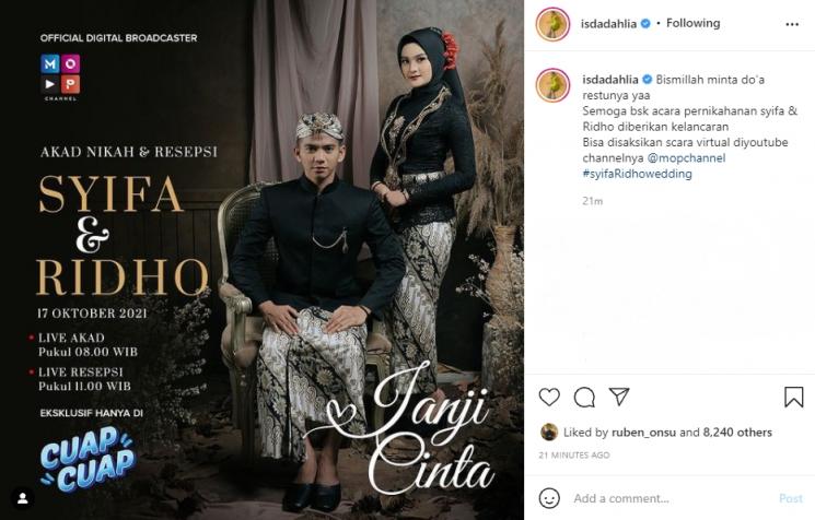 Tanggal pernikahan Ridho DA dan Syifa. (Instagram/isdadahlia)