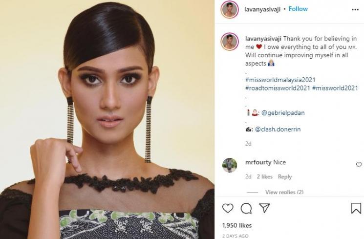 Lavanya Sivaji, Miss World Malaysia. (Instagram)