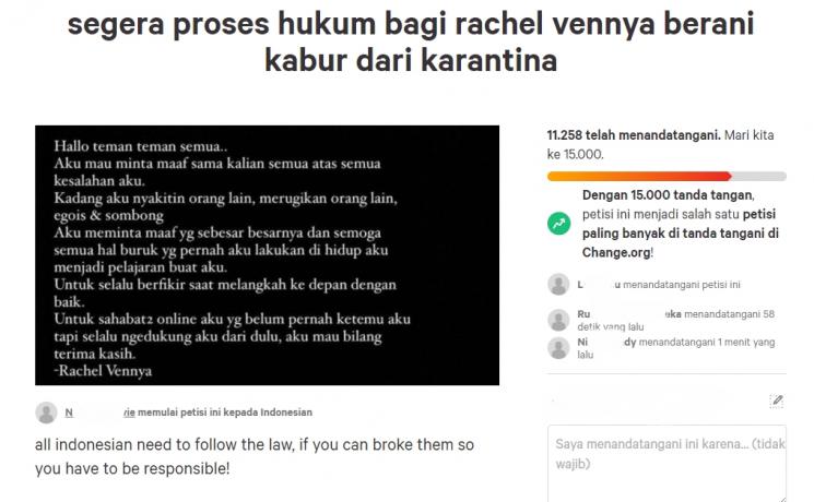 Petisi proses hukum bagi Rachel Vennya. (change.org)
