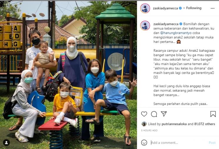 Anak Zaskia Adya Mecca mulai sekolah tatap muka. (Instagram/zaskiadyamecca)