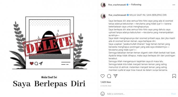 Five Vi menyatakan berlepas diri atas semua fotonya yang ada di medsos. (Instagram/five_vrachmawati)