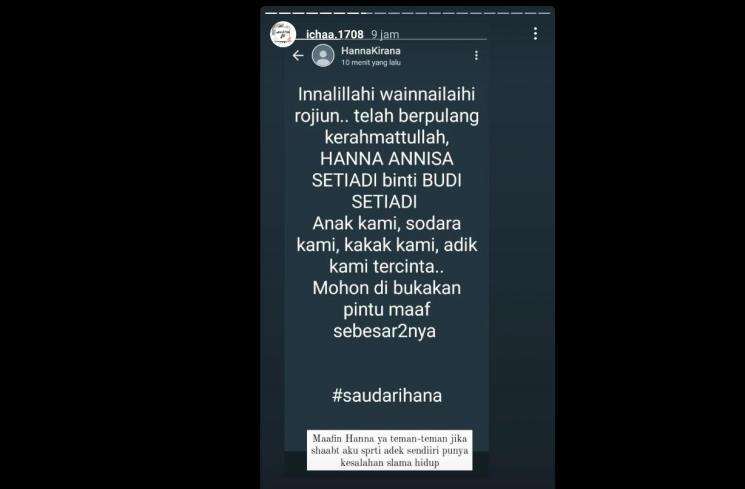 Informasi duka atas meninggalnya Hanna Kirana [Instagram/@ichaa.1708]