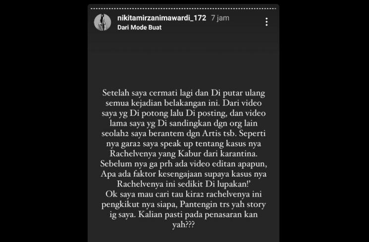 Unggahan Nikita Mirzani curiga kasusnya dengan Cinta Laura terkait dengan Rachel Vennya [Instagram/@nikitamirzani_172]