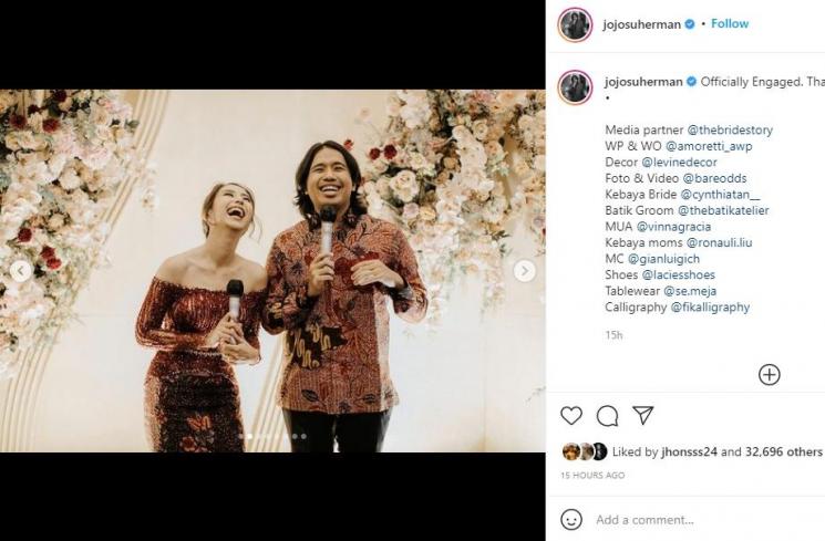 Joshua Suherman dan Clairine Clay resmi tunangan. (Instagram/jojosuherman)