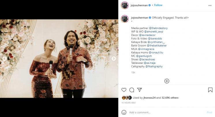 Joshua Suherman dan Clairine Clay resmi tunangan. (Instagram/jojosuherman)