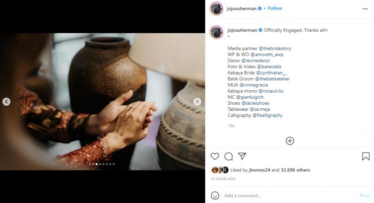 Joshua Suherman dan Clairine Clay resmi tunangan. (Instagram/jojosuherman)
