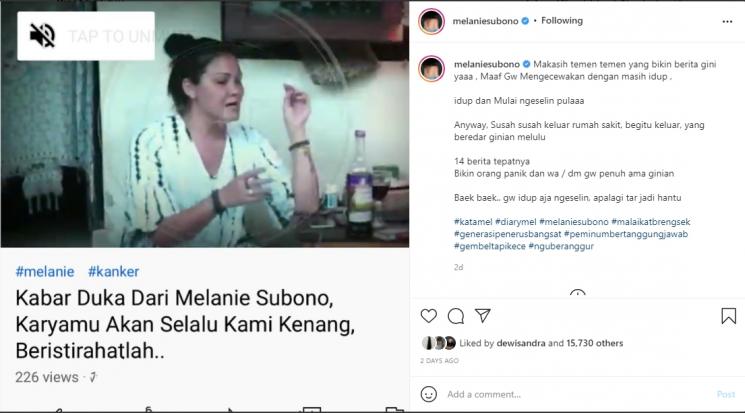 Kabar hoaks Melanie Subono meninggal dunia. (YouTube)