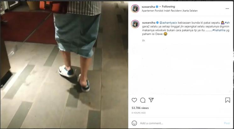 Suteng Geregetan Lihat Kebiasaan Ashanty Pakai Sepatu. (Instagram/suwarsiha)