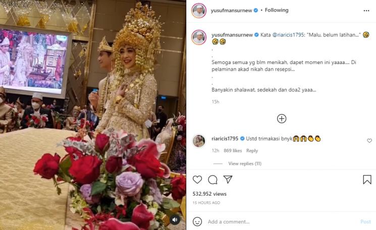 Ria Ricis dan Teuku Ryan pelukan pertama kali di pelaminan akad nikah. (Instagram/yusufmansurnew)