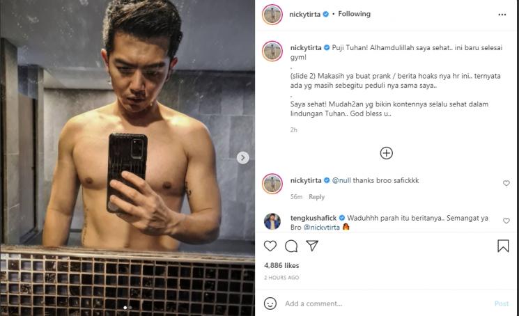 Kabar hoaks Nicky Tirta meninggal dunia. (Instagram/nickytirta)