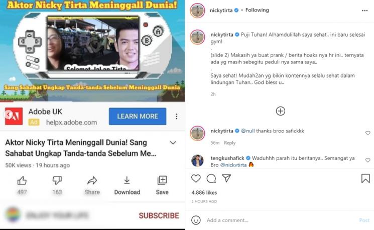 Kabar hoaks Nicky Tirta meninggal dunia. (Instagram/nickytirta)