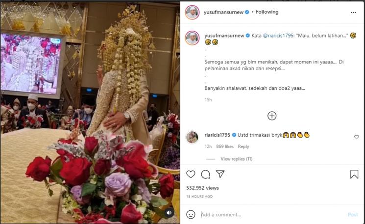 Ria Ricis dan Teuku Ryan pelukan pertama kali di pelaminan akad nikah. (Instagram/yusufmansurnew)