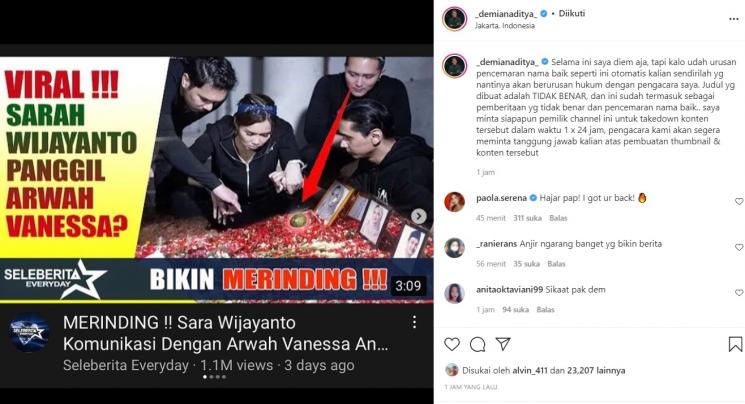 Demian Aditya klarifikasi heboh Sara Wijayanto panggil arwah Vanessa Angel. [Instagram]