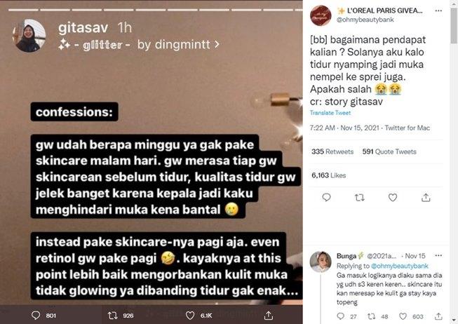 YouTuber Gita Savitri berhenti pakai skincare malam hari. (Twitter/@ohmybeautybank)