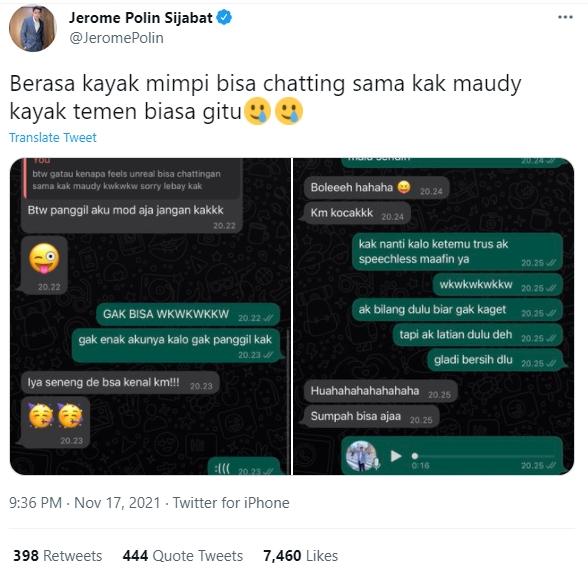 Jerome Polin pamer chattingan sama Maudy Ayunda. (Twitter)