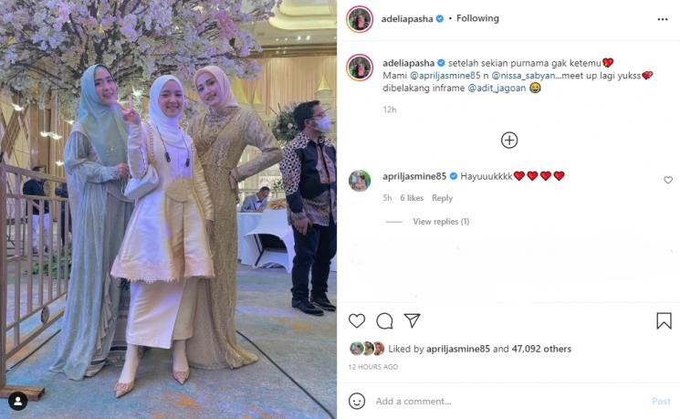 Nissa Sabyan berfoto dengan Adelia Pasha dan April Jasmine. (Instagram/adeliapasha)
