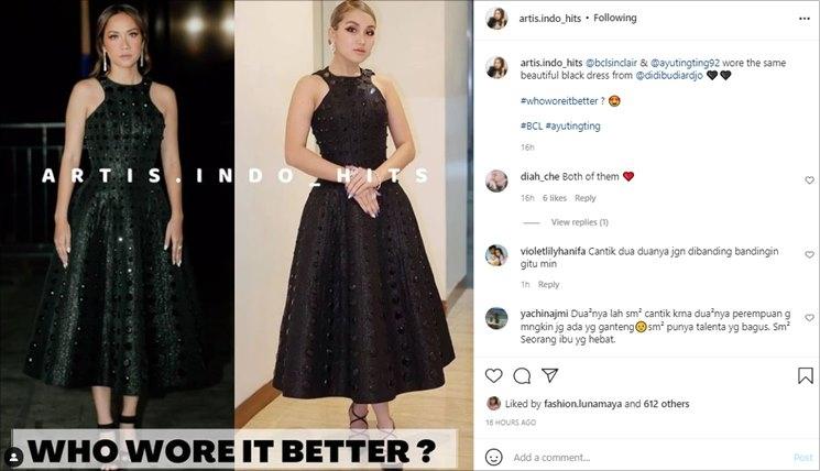 Adu gaya BCL dan Ayu Ting Ting pakai gaun yang sama. (Instagram/@artis.hits_indo)