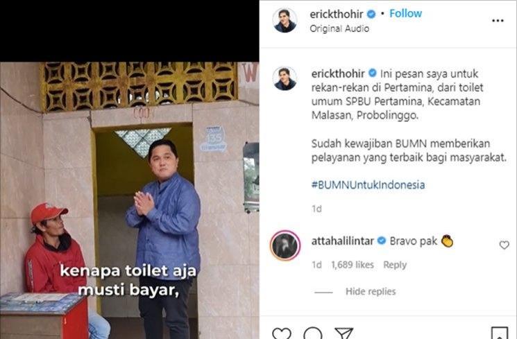 Komentar Atta Halilintar di video Erick Thohir. (Instagram/@erickthohir)