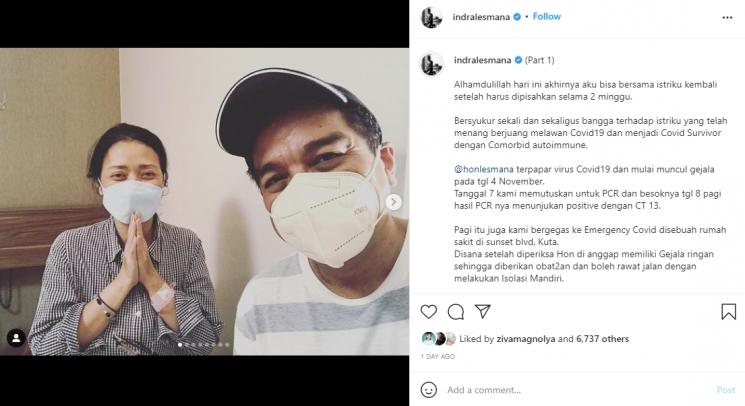 Istri Indra Lesmana sembuh dari Covid-19. (Instagram/indralesmana)