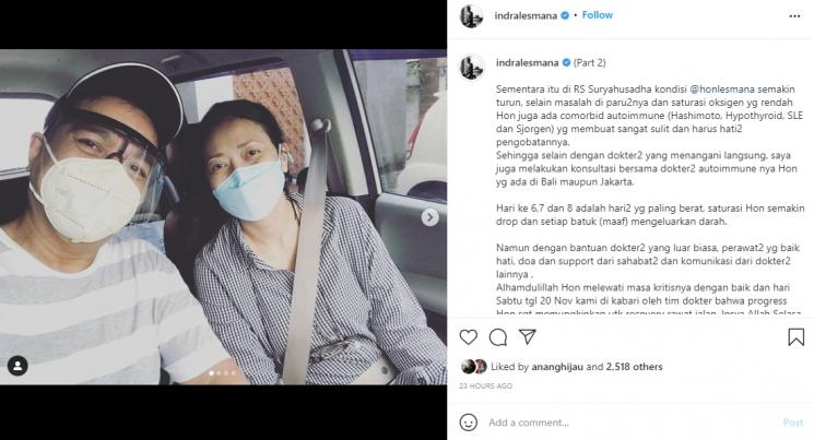 Istri Indra Lesmana sembuh dari Covid-19. (Instagram/indralesmana)