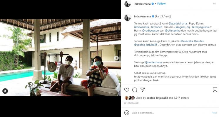 Istri Indra Lesmana sembuh dari Covid-19. (Instagram/indralesmana)