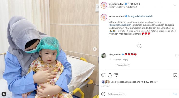 Oki Setiana Dewi ungkap kondisi Sulaiman yang baru operasi. (Instagram/okisetianadewi)
