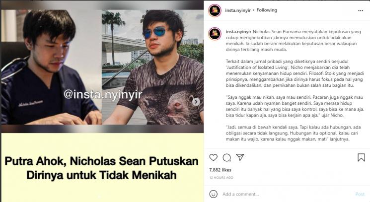 Heboh kabar anak Ahok, Nicholas Sean Purnama ogah menikah. (Instagram/insta.nyinyir)