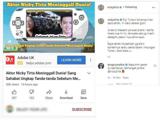 Nicky Tirta bantah kabar meninggal dunia. (Instagram/@nickytirta)