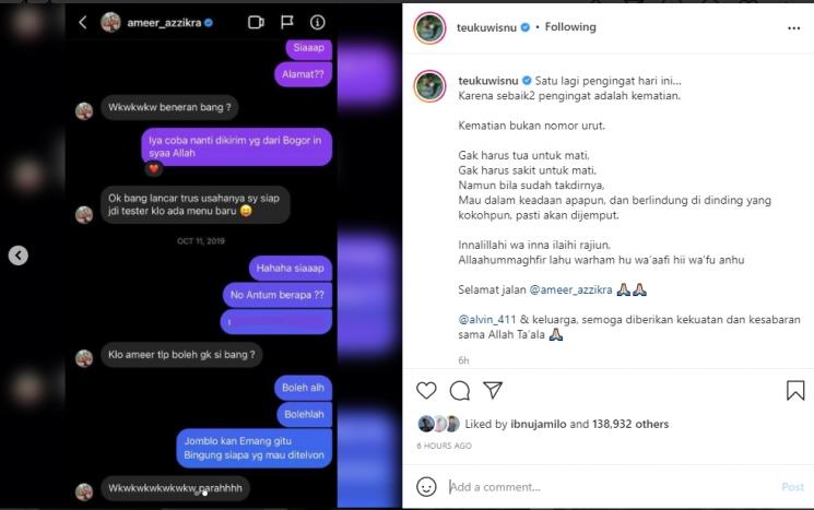 Teuku Wisnu Terpukul Dengar Ameer Azzikra Meninggal Dunia. (Instagram/teukuwisnu)