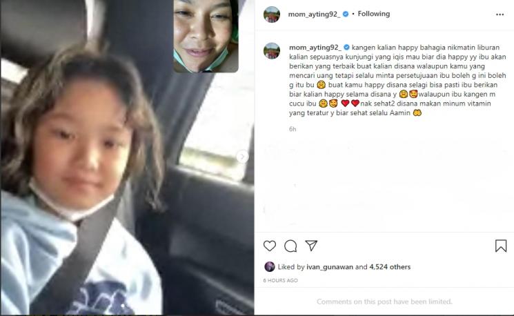 Umi Kalsum ungkap kerinduan pada Ayu Ting Ting dan Bilqis. (Instagram/mom_ayting92_)