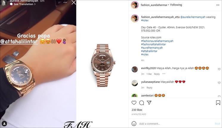 Aurel Hermansyah dapat hadiah jam mewah dari suami. (Instagram/@fashion_aureliehermansyah_atta)