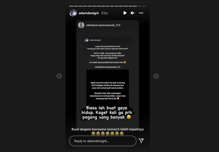 Nikita Mirzani Ngakak Lihat Adam Deni Sentil Fuji. (Instagram/adamdenigrk)
